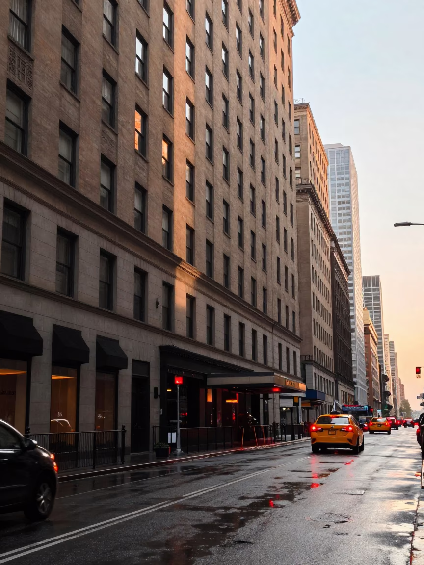 Hotel Windows And Tail Lights City just after sunrise in New York in in New York, New York, United States
