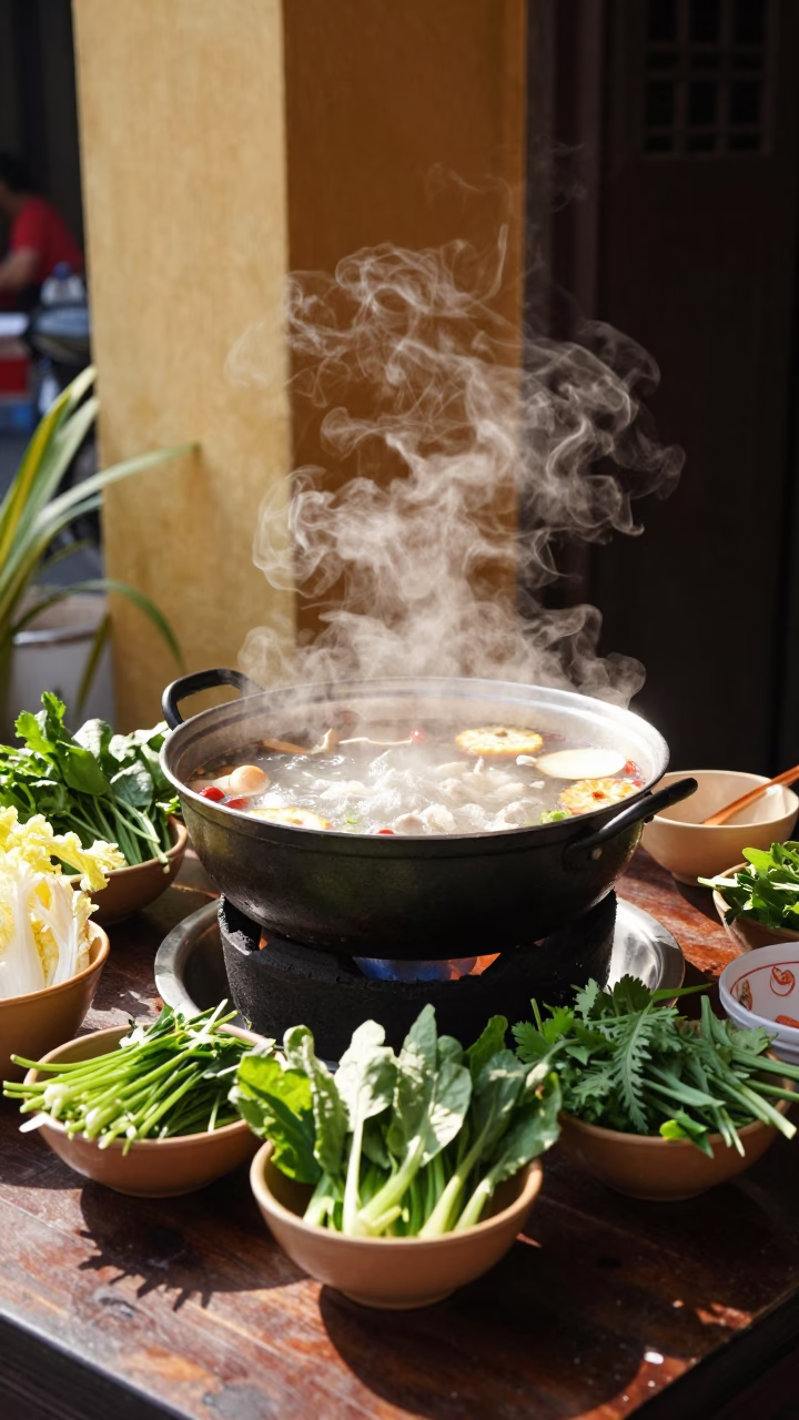 Hotpot Meal in Hoi An at Bright Midmorning Light in in Hoi An, Vietnam
