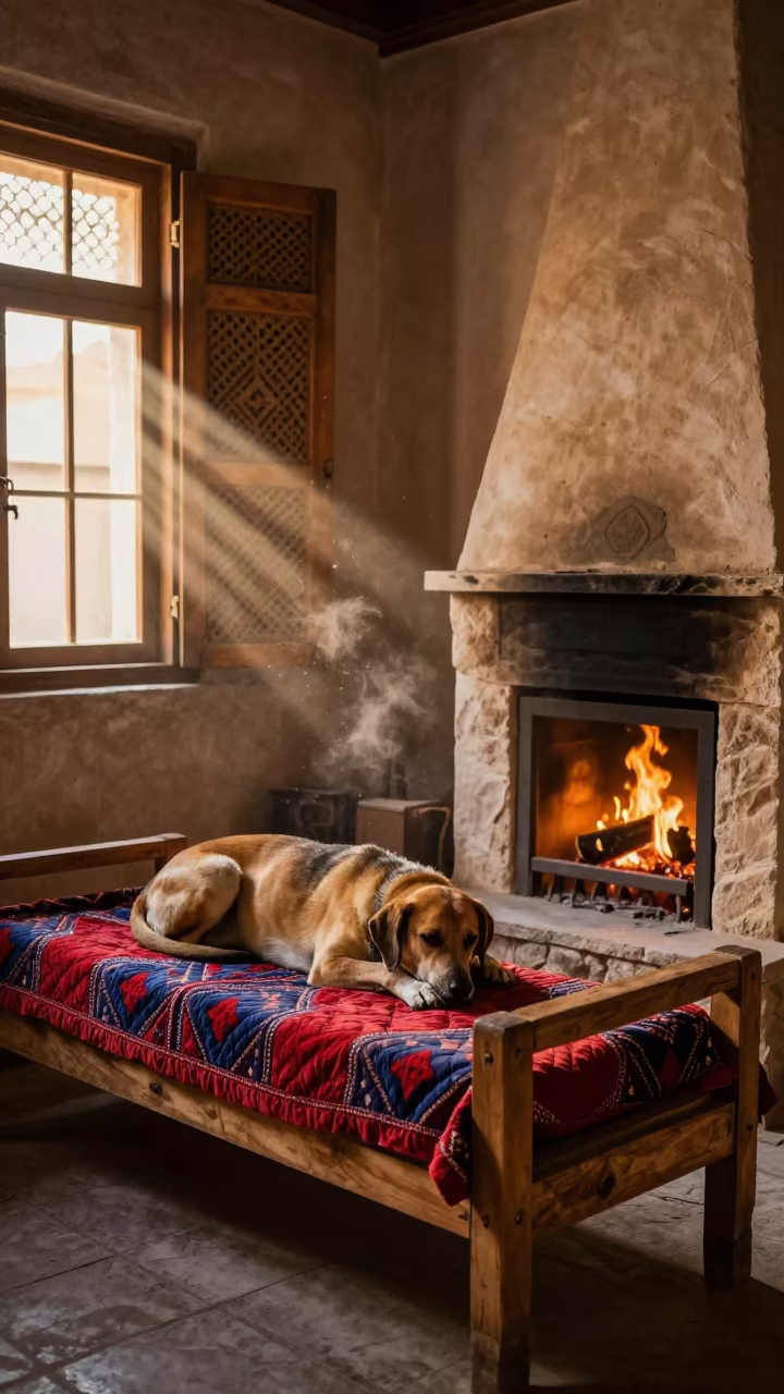 Hound Sleeping on Quilted Bench by Fireplace in by a crackling fireplace in Sana'a