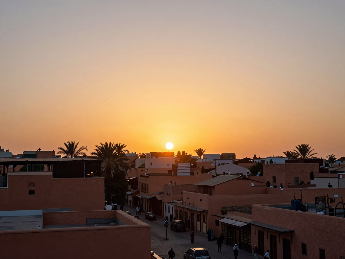 Hour Sunset in Marrakech at As The Sun Drops Toward The Horizon in in Marrakech, Morocco