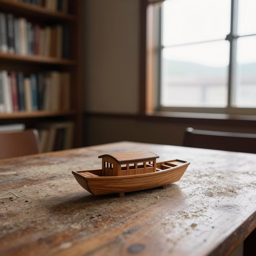 Housboat Model on Dusty Library Table in Fukuoka in on a dusty library table in Fukuoka