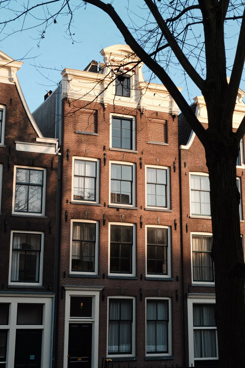 House Facade in Amsterdam at Clear Late-afternoon Light in in Amsterdam, Netherlands
