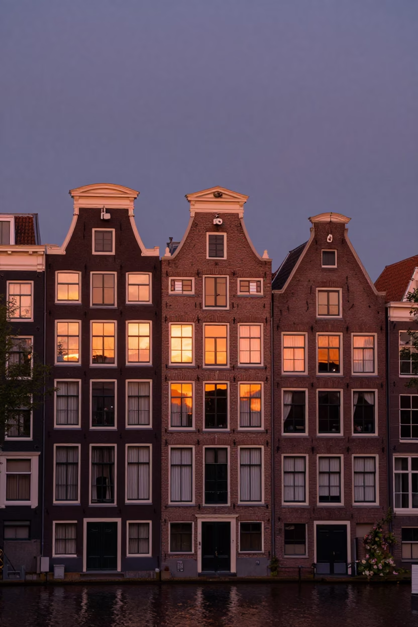 House Facade in Amsterdam at Copper-toned Light Before Dusk in in Amsterdam, Netherlands