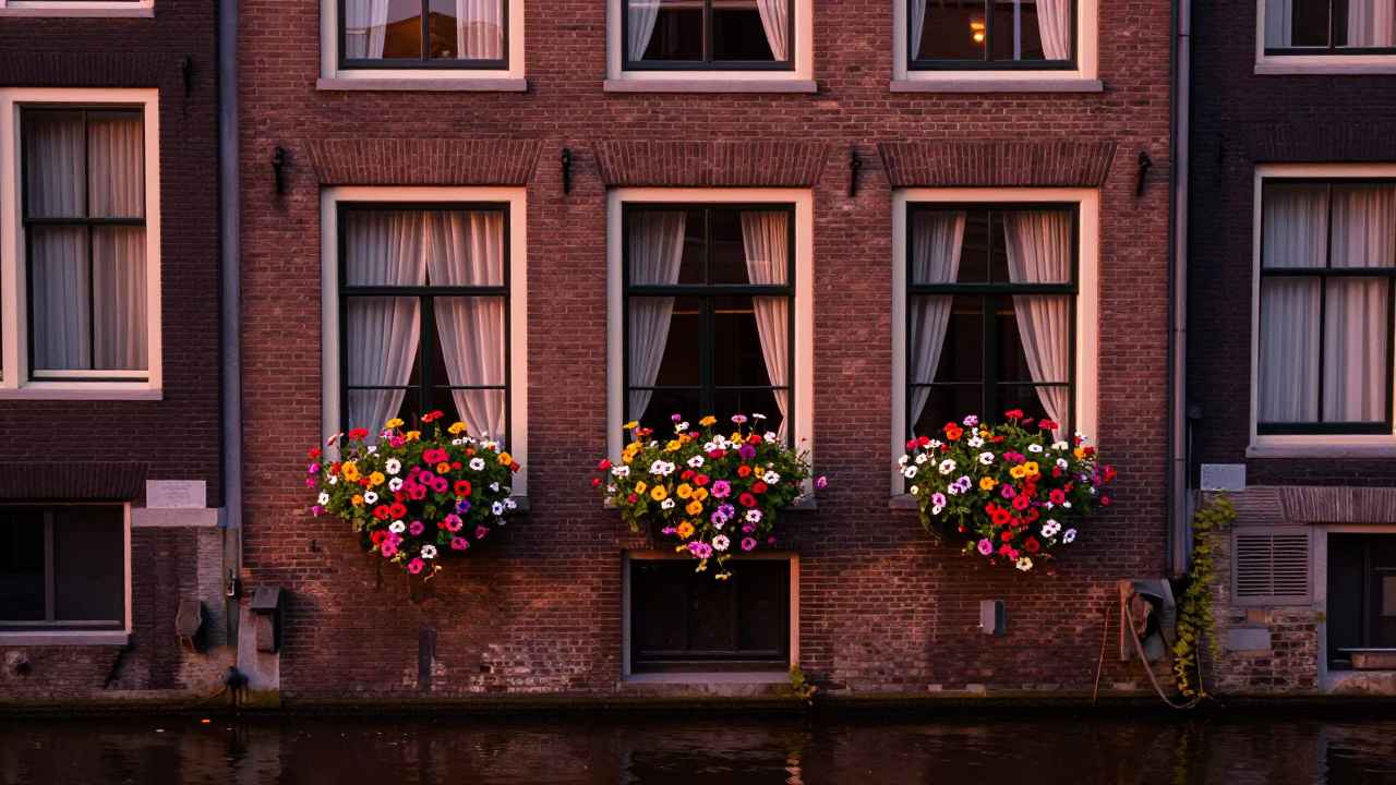 House Facade in Amsterdam at Copper-toned Light Before Dusk in in Amsterdam, Netherlands