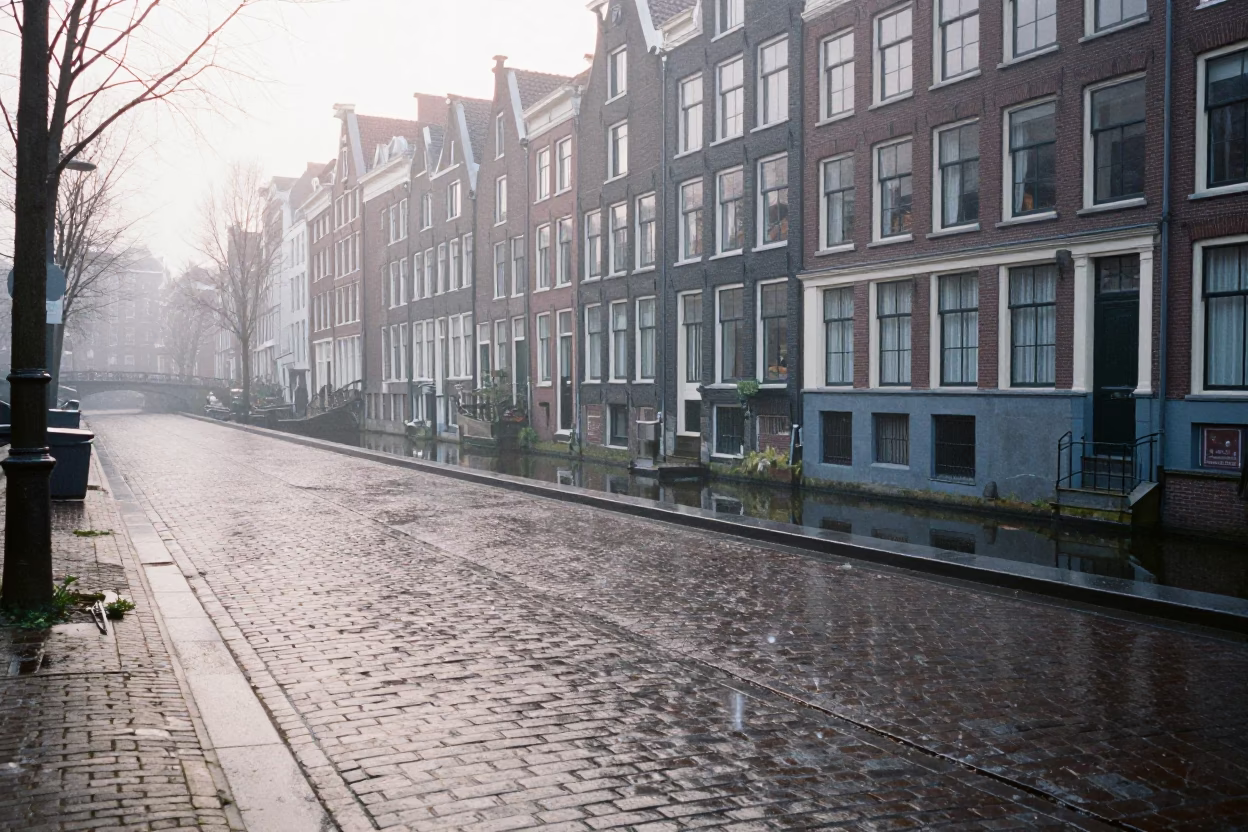 House Facade in Amsterdam at Dawn Light in in Amsterdam, Netherlands