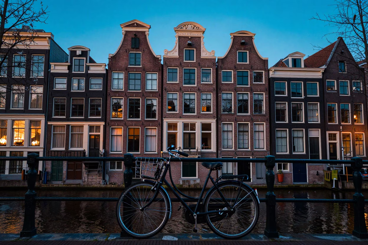 House Facade in Amsterdam at First Light Of Dawn in in Amsterdam, Netherlands