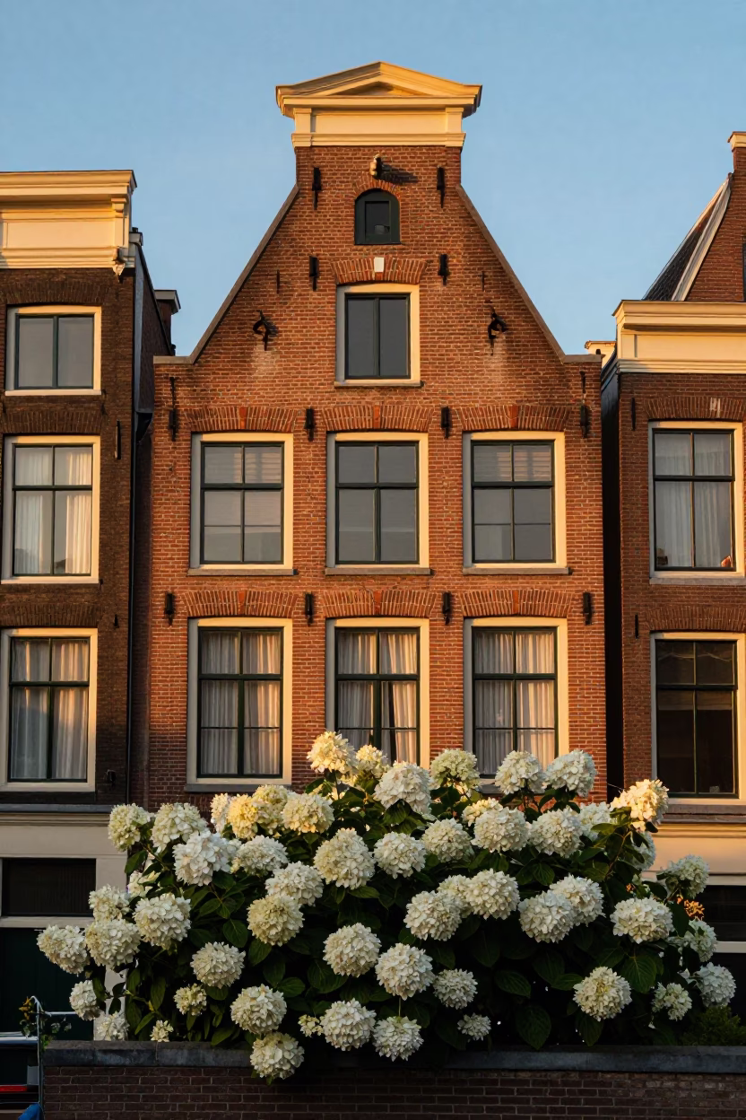 House Facade in Amsterdam at Honeyed Evening Light in in Amsterdam, Netherlands
