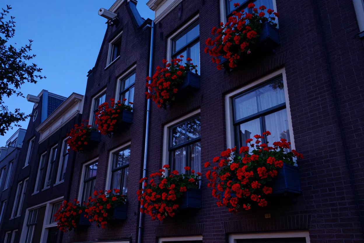 House Facade in Amsterdam at Indigo Twilight After Sunset in in Amsterdam, Netherlands