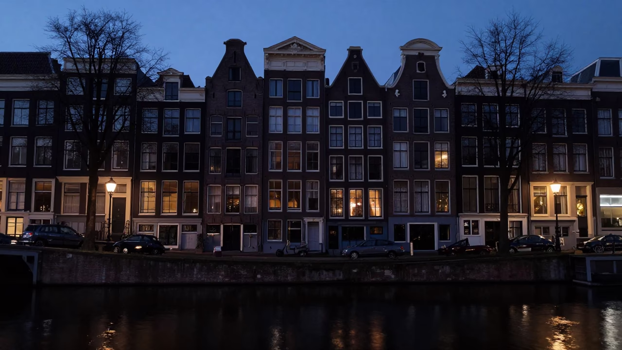 House Facade in Amsterdam at The Predawn Darkness Light in in Amsterdam, Netherlands