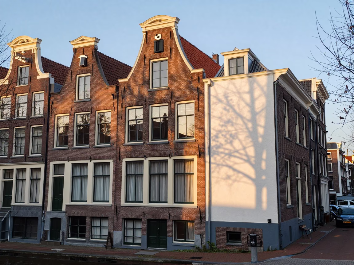 House Facade just after sunrise in Amsterdam in in Amsterdam, Netherlands