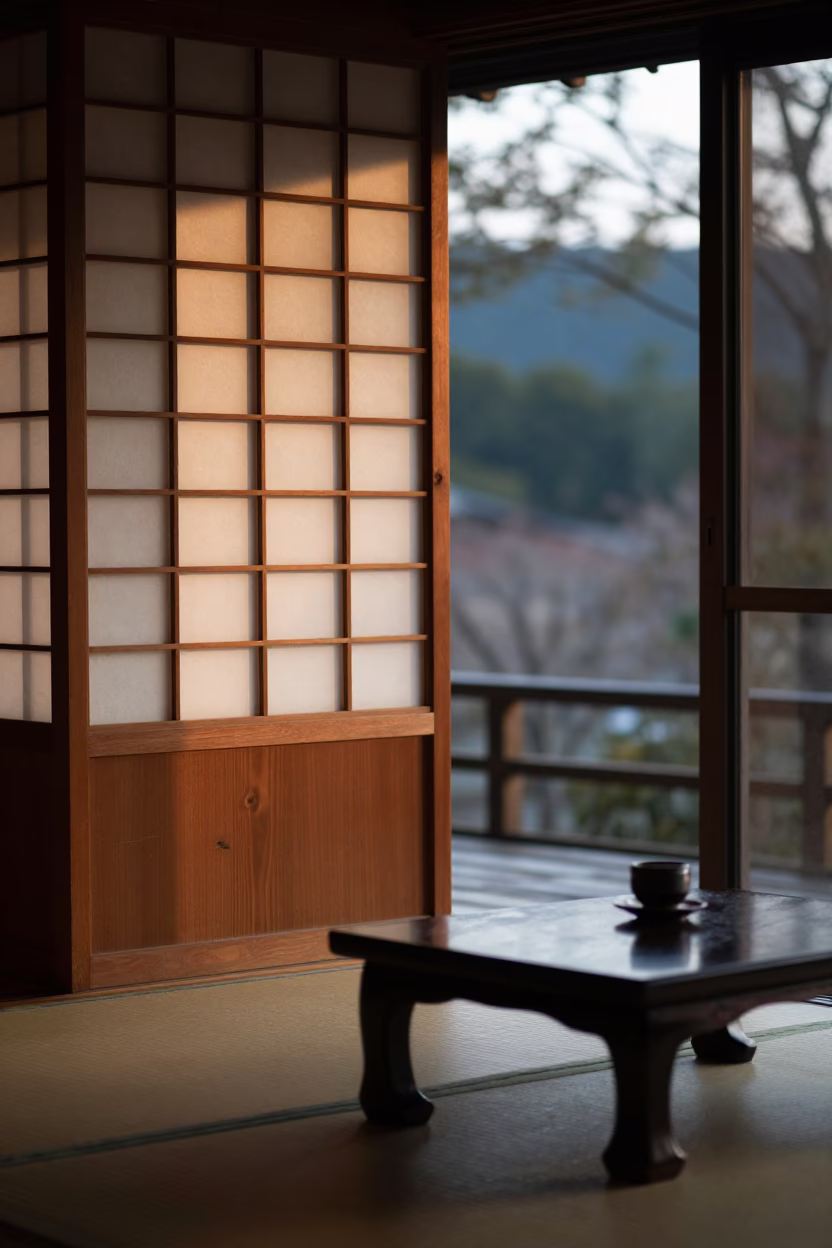 House Interior in Kyoto at First Light Of Dawn in in Kyoto, Japan