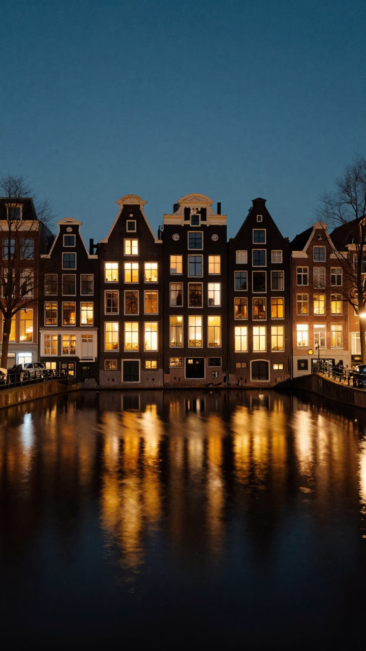 House Reflections in Amsterdam at As City Lights Begin To Glow in in Amsterdam, Netherlands