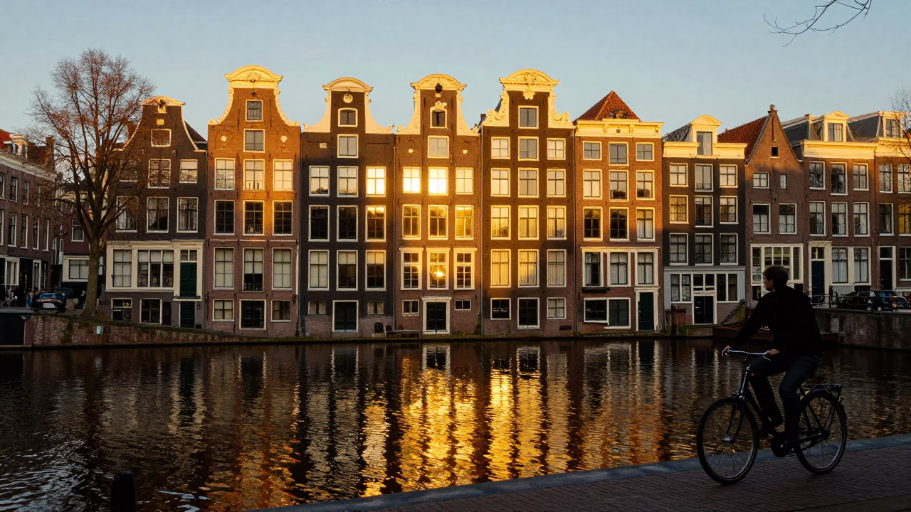 House Reflections in Amsterdam at Honeyed Evening Light in in Amsterdam, Netherlands