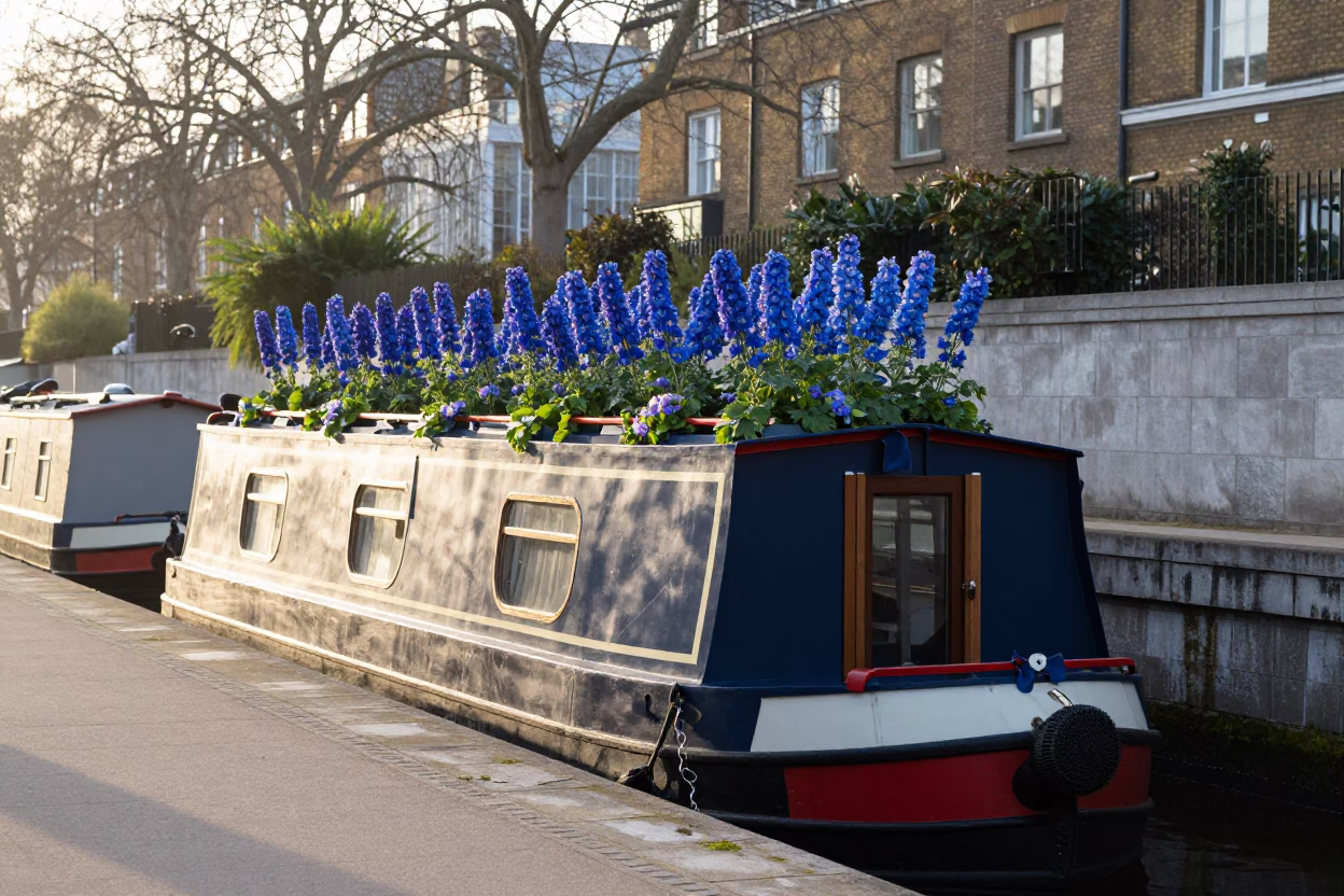 Houseboat Garden just after sunrise in London in in London, United Kingdom