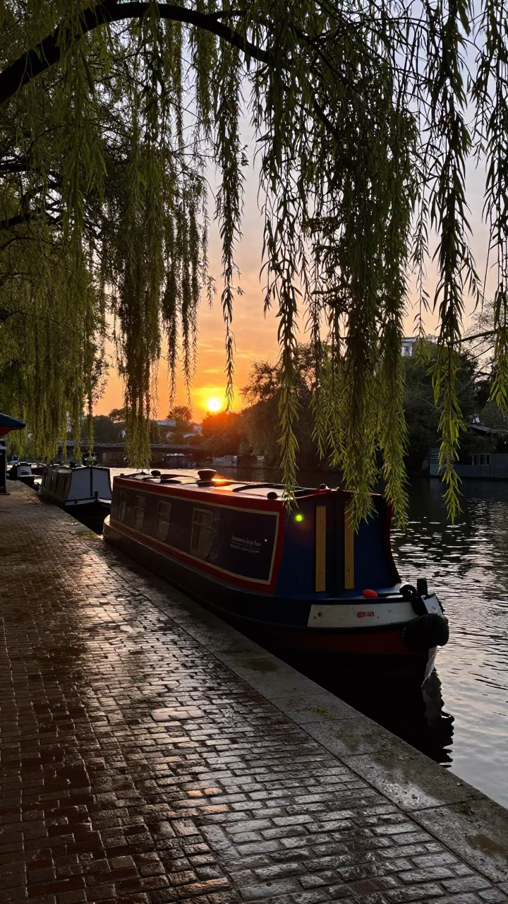Houseboat Moored in London at As The Sun Drops Toward The Horizon in in London, United Kingdom