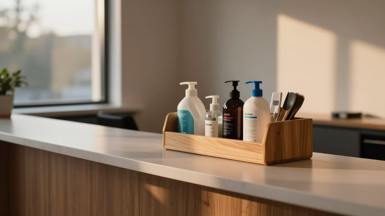 Housekeeping Caddy Refill Board at Reception Desk in at a reception desk under warm light in 6th of October