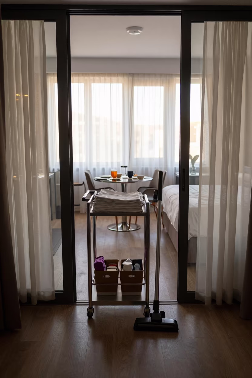 Housekeeping Cart at Dawn Threshold in inside a breakfast room before opening near Saint-Louis