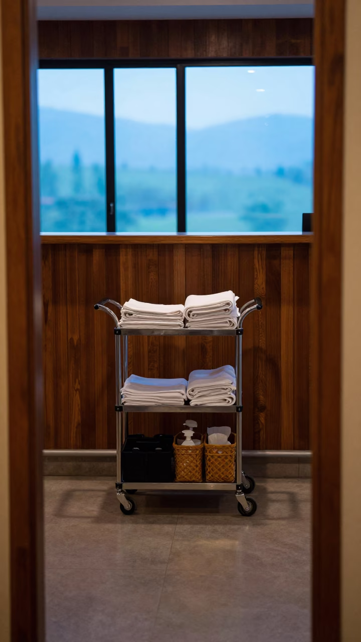 Housekeeping Cart at Spa Threshold Before Dawn in inside a spa reception near Dutse
