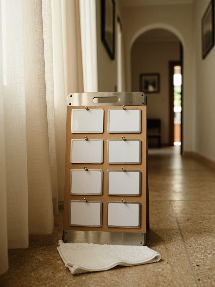 Housekeeping Spray Bottle Tag Board in Corridor in in a quiet guest corridor near Manzanillo
