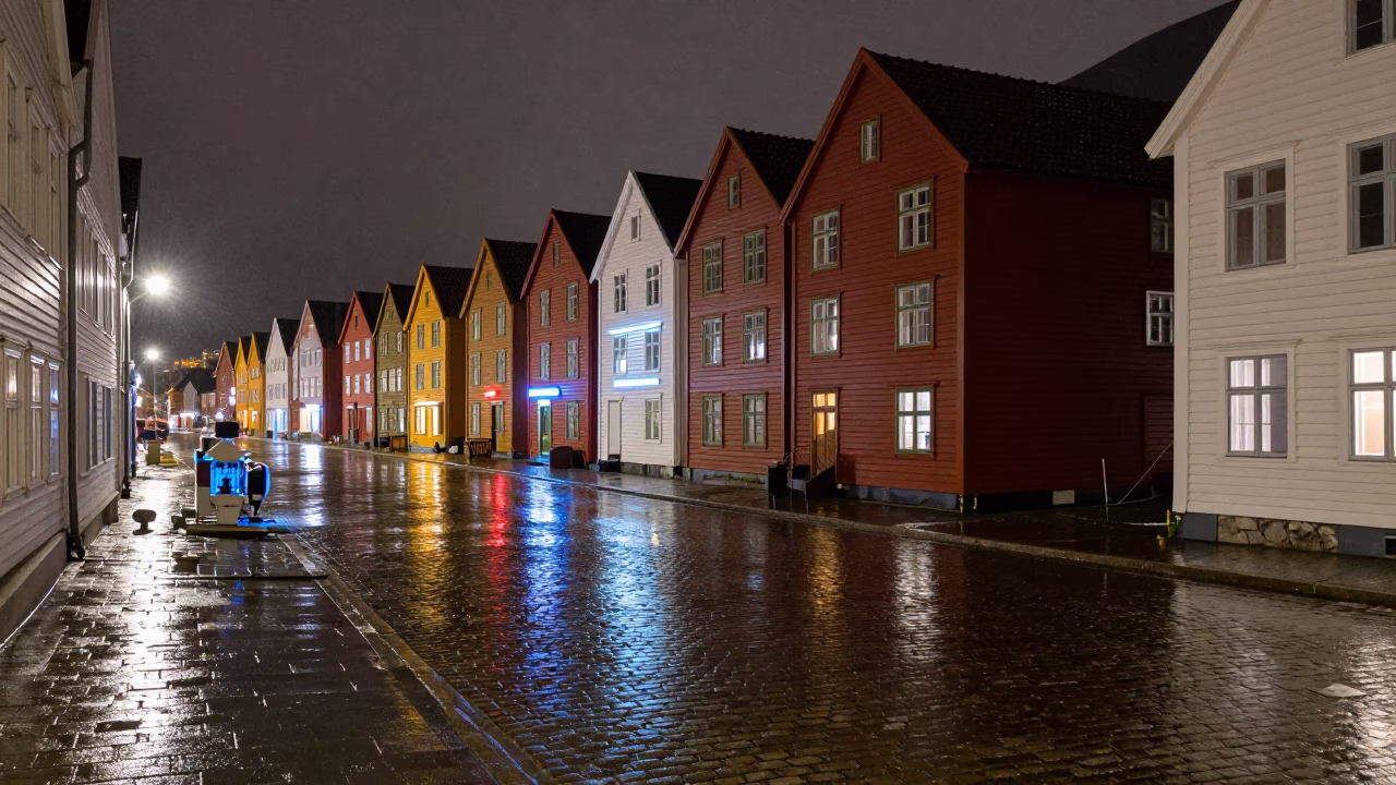 Houses Reflected at Deep In The Night Light in Bergen in in Bergen, Norway