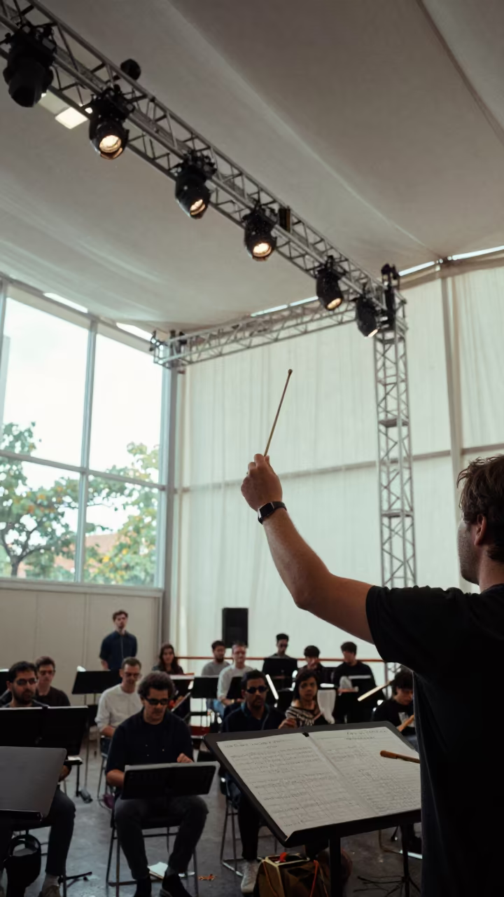 Houston Conductor Raises Baton in Rehearsal Room in in a rehearsal room in Houston