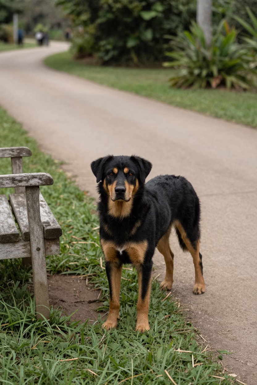 Hovawart Dog Standing on Quiet Park Path in along a quiet park path with soft open shade and a clean background in Puerto Iguazu