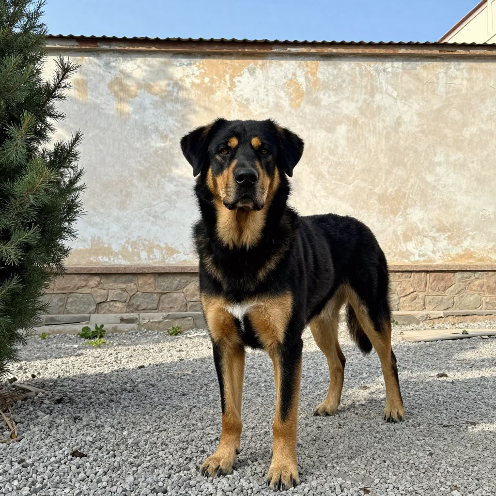 Hovawart Portrait Beside Courtyard Wall in Aktobe in beside a plain courtyard wall in clear daylight with the animal at eye level in Aktobe
