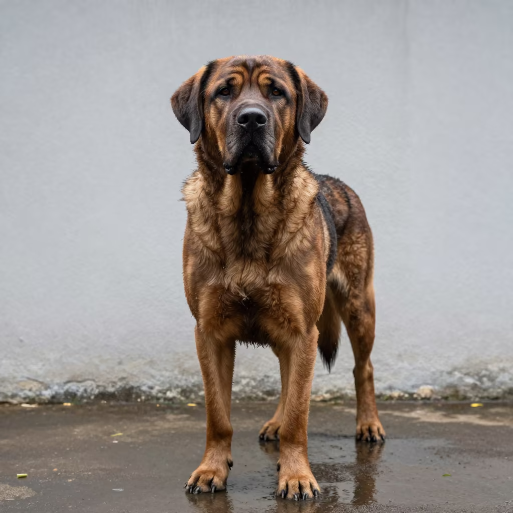 Hovawart Portrait Beside Courtyard Wall in Gonaïves in beside a plain courtyard wall in clear daylight with the animal at eye level in Gonaïves