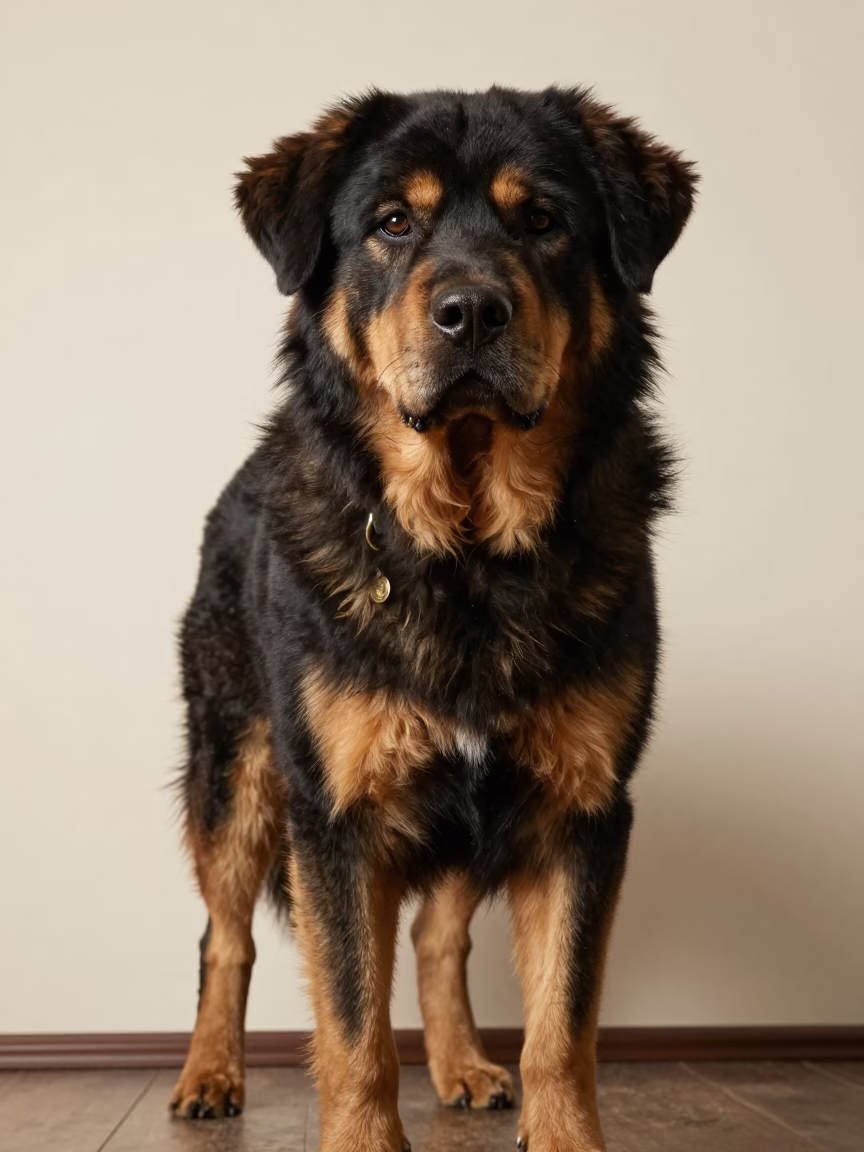 Hovawart Portrait Beside Plaster Wall in Golmud in beside a plain plaster wall in soft indoor light with the animal centered in frame in Golmud