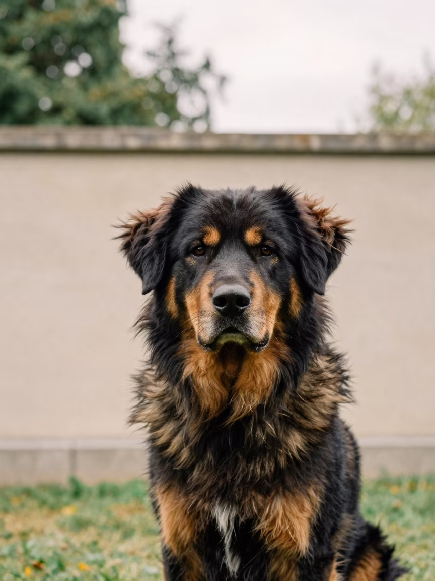 Hovawart Portrait in Coventry Courtyard in beside a plain courtyard wall in clear daylight with the animal at eye level in Coventry