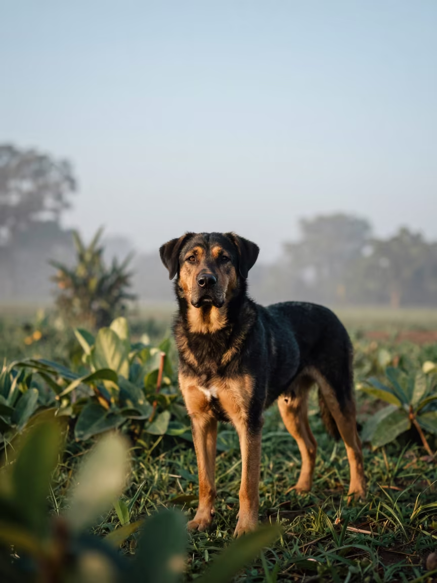 Hovawart Portrait Near Garden Edge in Dawn Light in near a garden edge with soft morning light and an uncluttered background near Bangui