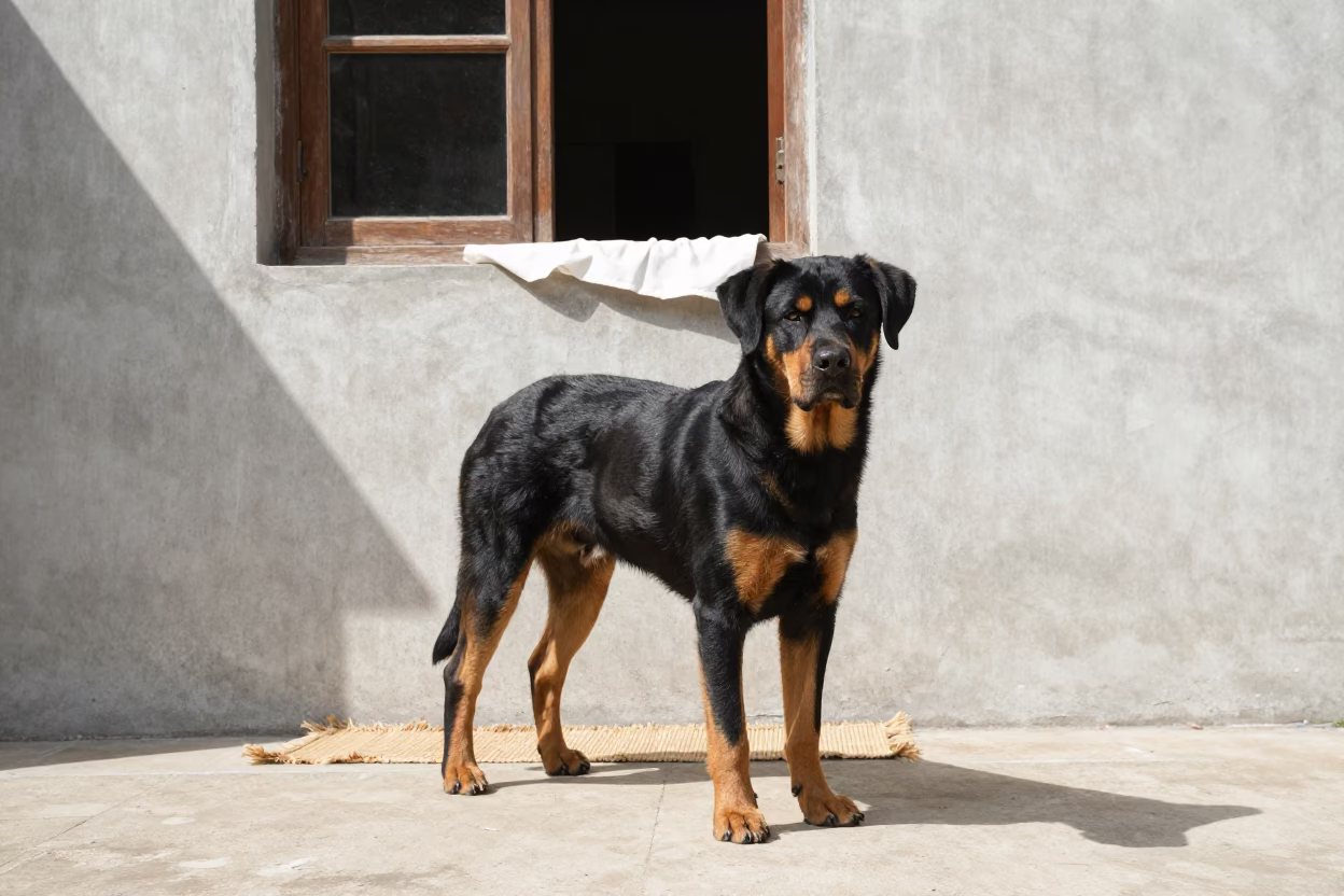 Hovawart Standing Beside Courtyard Wall in Iloilo in beside a plain courtyard wall in clear daylight with the animal at eye level near Iloilo