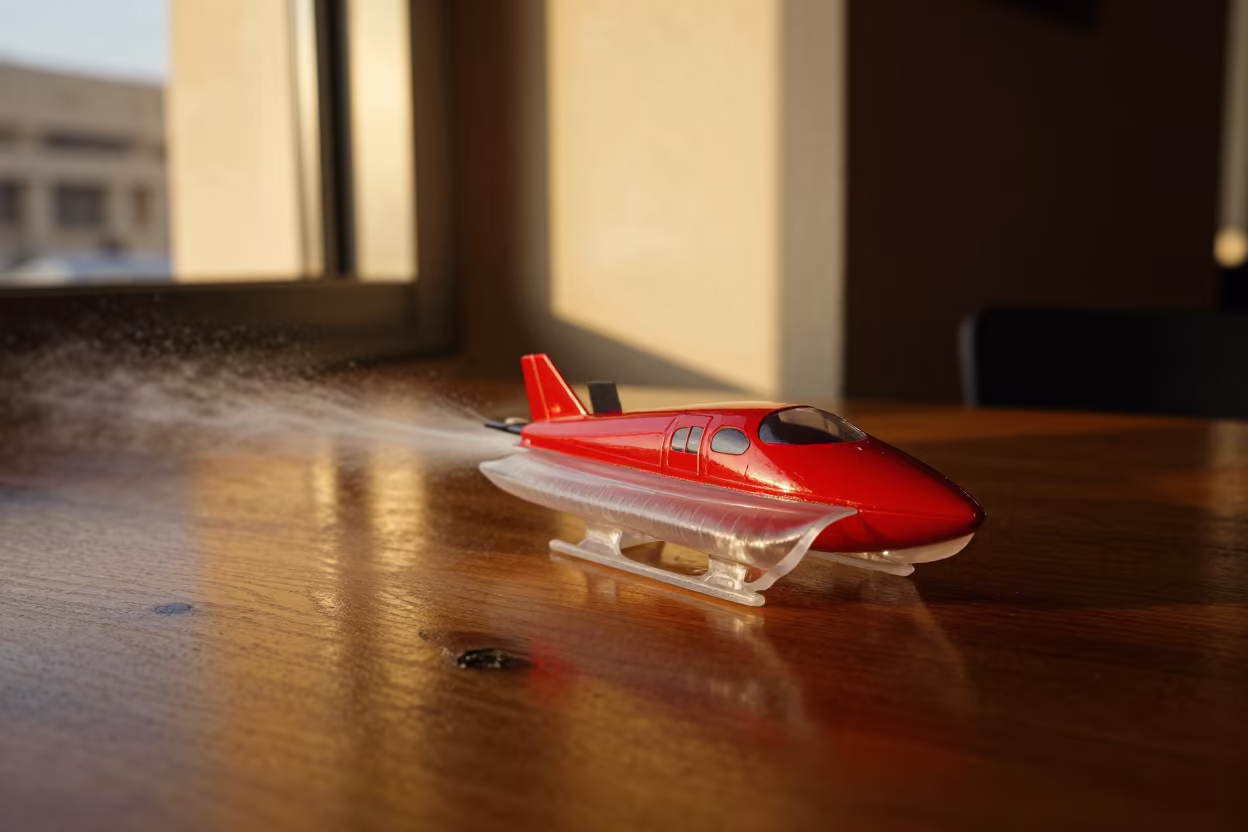 Hovercraft Spray Model on Kuwait Cafe Table in on a cafe table by a window near Kuwait City