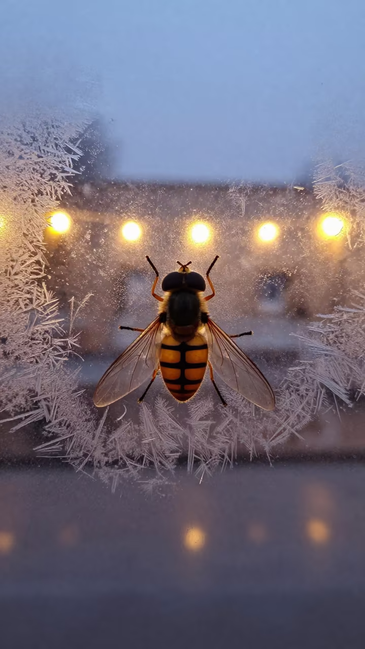 Hoverfly Wing Veins on Frosty Basra Window in along a frost-edged windowpane in Basra