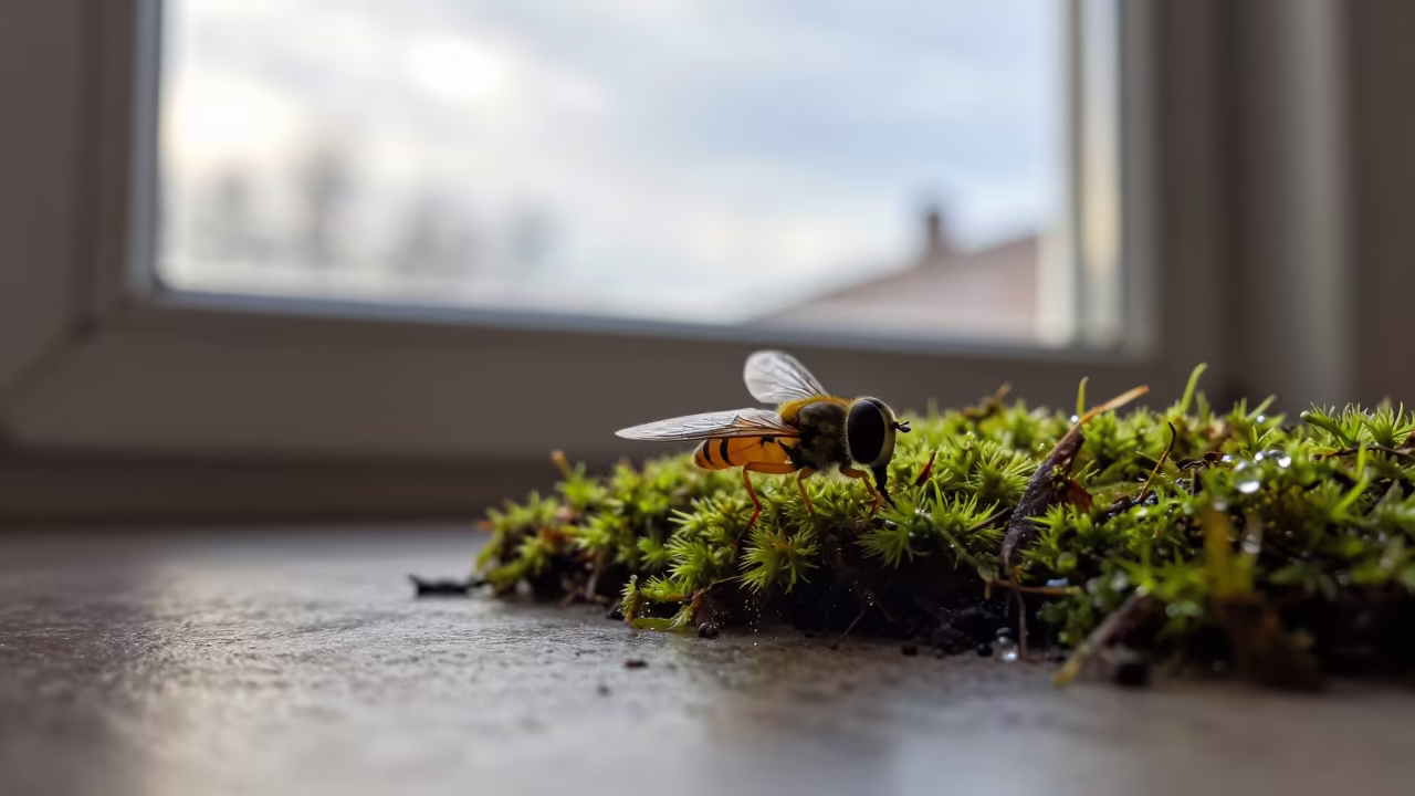 Hoverfly Wing Veins Over Winter Moss in on dew-soaked moss in Lahti