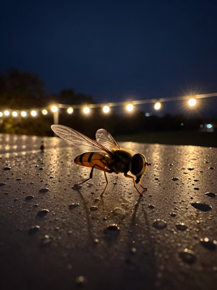 Hoverfly Wing Veins Against Sky Woodstock Cape Town in across a rain-beaded metal surface in Woodstock, Cape Town