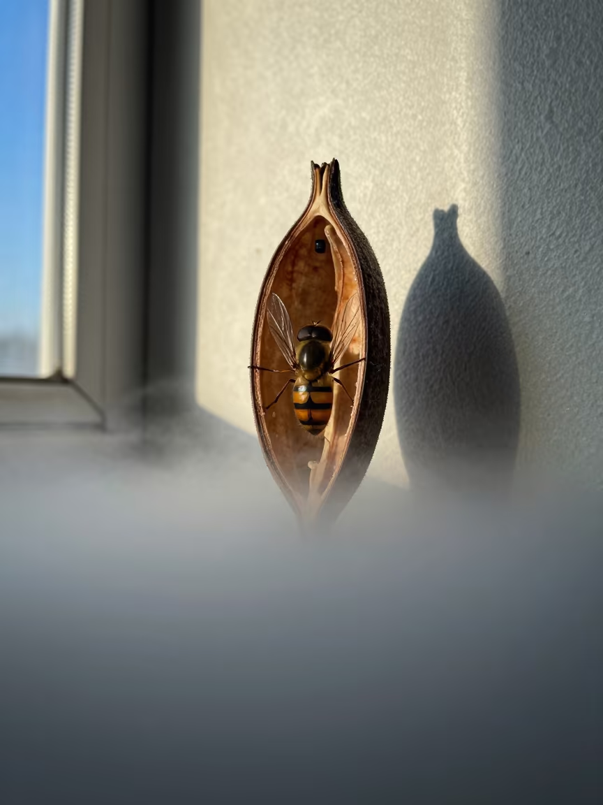 Hoverfly Wing Veins Inside Split Seed Pod in inside a seed pod split open in Oklahoma City