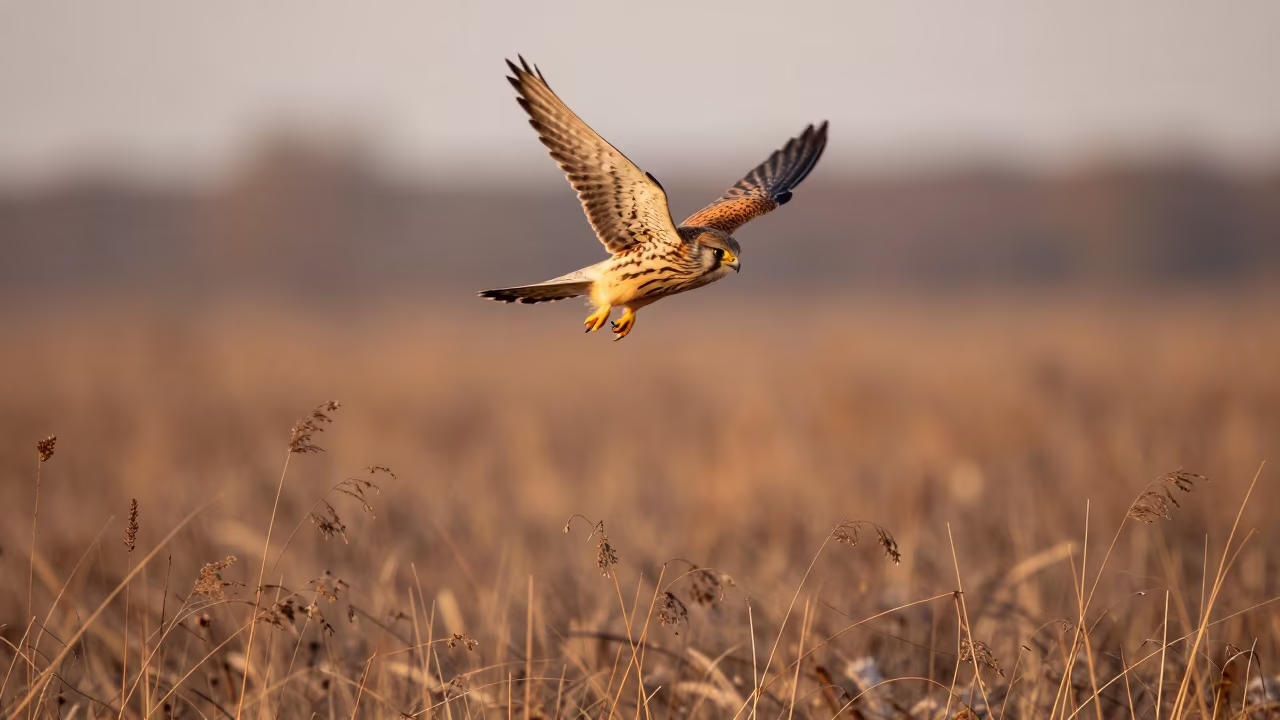 Hovering Kestrel Over Autumn Meadow at Dusk in on a wind-scoured ridge near Tverskaya, Moscow