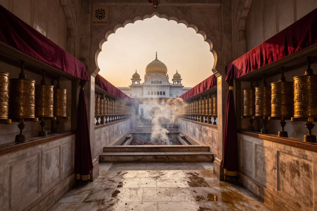 Huambo Gurdwara Threshold in Amber Monsoon Light in beside a prayer wheel corridor in Huambo