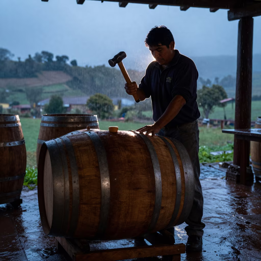 Huancayo Cooper Fitting Barrel Staves in Evening Rain in in Huancayo