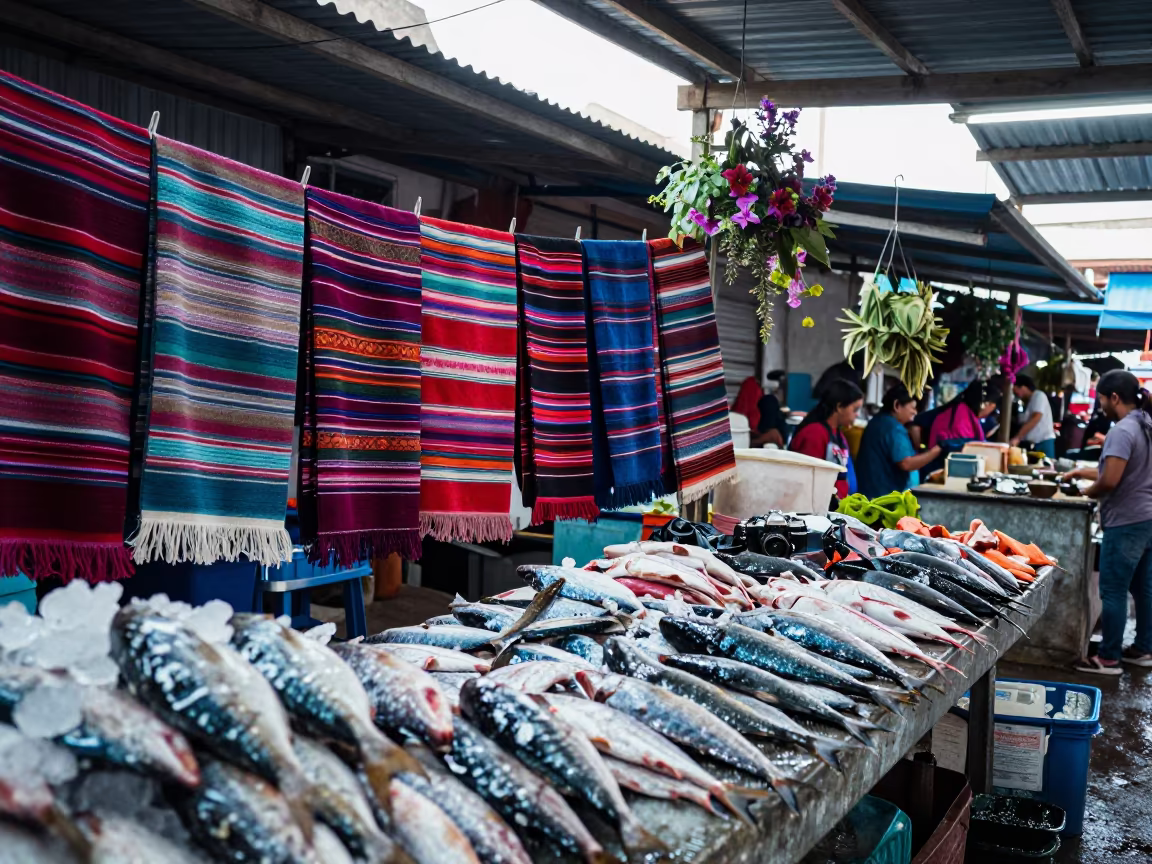 Huipil Fabric Draped Beside Fish Counter in Xian in beside a fish counter in Xian