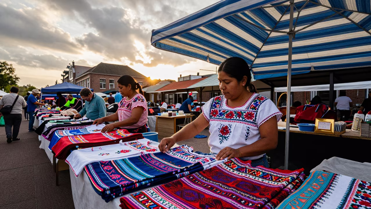 Huipil Vendor Under Haarlem Market Canopy at Sunset in under a market canopy in Haarlem
