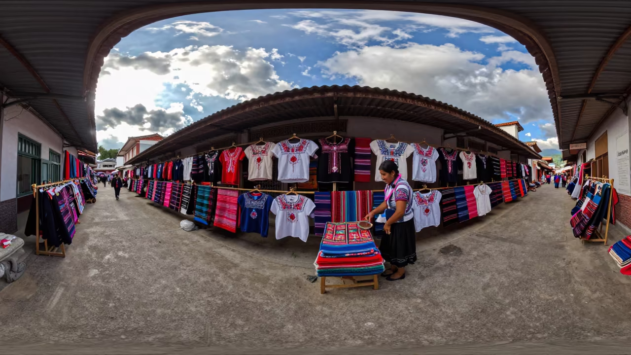 Huipil Vendor in Haikou Covered Market Aisle in in a covered bazaar aisle in Haikou