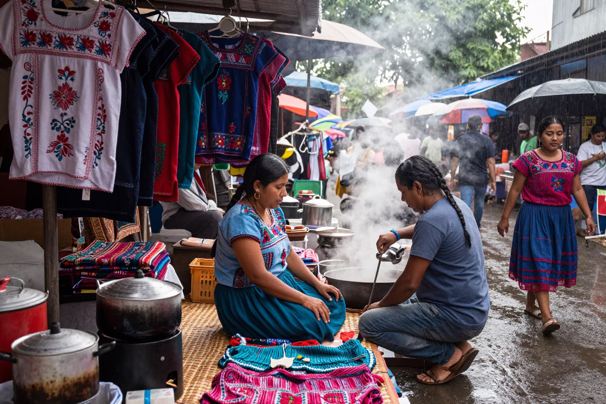 Huipil Vendor at Madurai Market Stall in at a textile trader's stall in Madurai