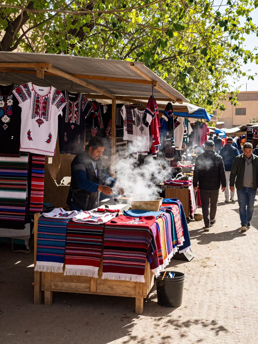 Huipil Vendor Under Market Canopy in Djelfa in under a market canopy in Djelfa