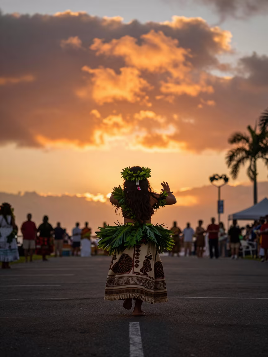 Hula Dancer at Merrie Monarch Sunset in at a public square during a festival near Hamilton