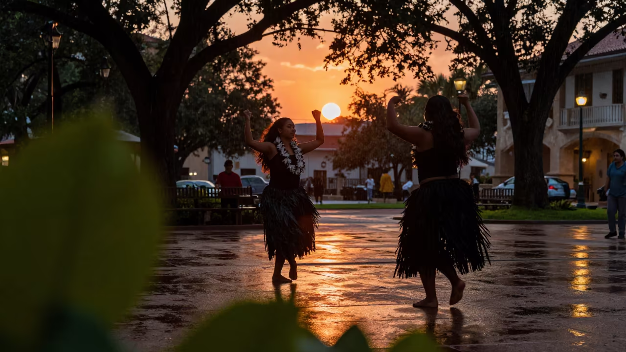 Hula Dancers Silhouetted in Autumn Rain in at a public square during a festival in San Antonio