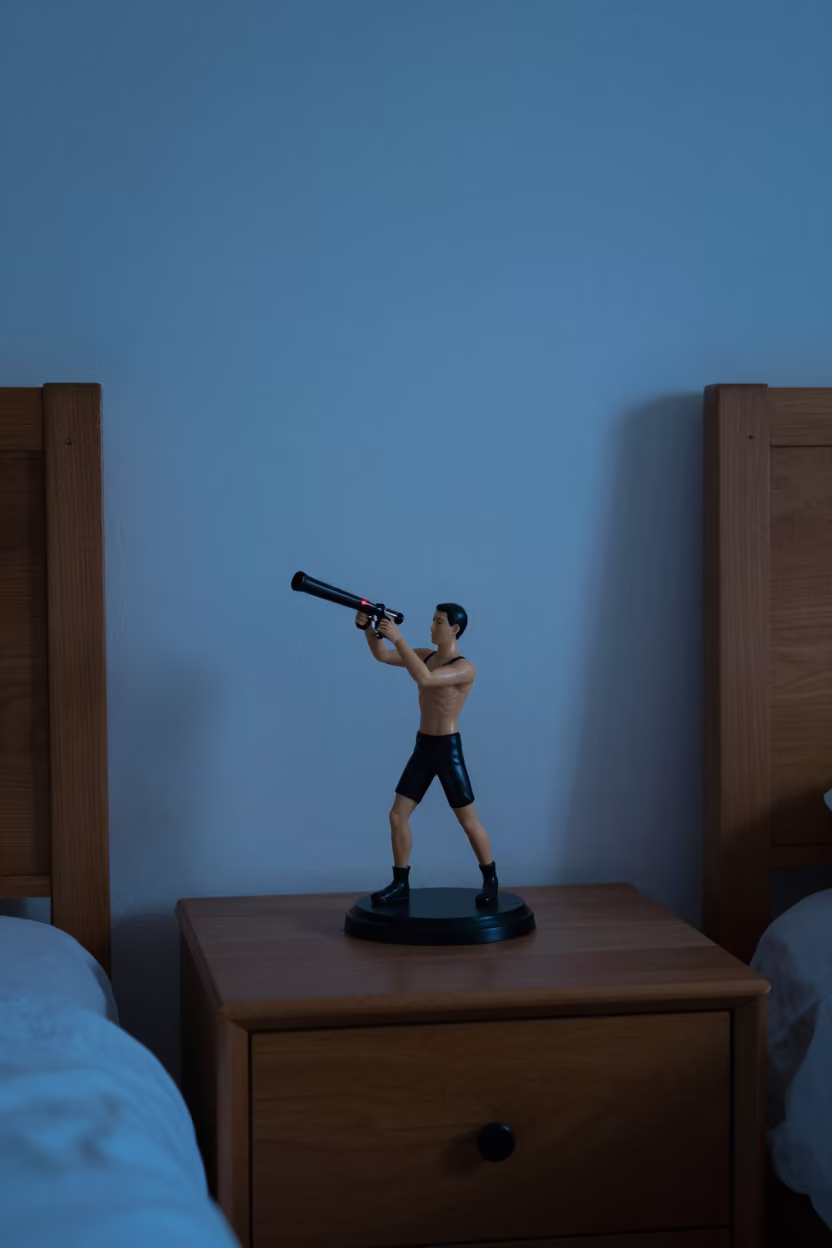 Human Cannonball Figure on Chiba Nightstand in on a bedside table near Chiba