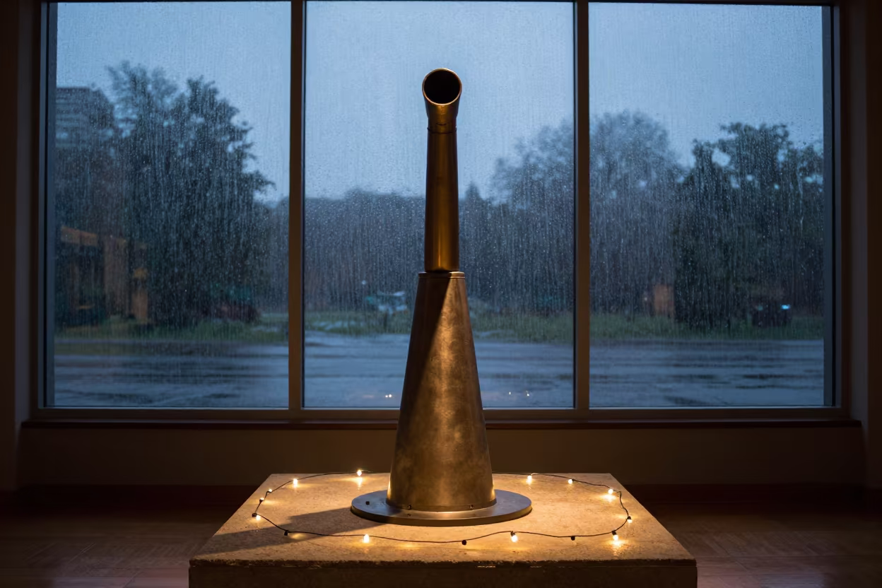 Human Cannonball Model on Plinth at Twilight in on a museum plinth in Santa Cruz de la Sierra