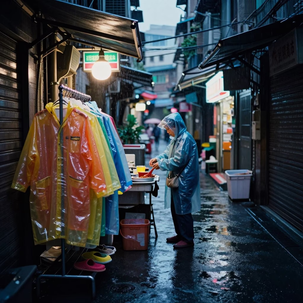 Humid Twilight Alleyway Scene with Raincoats and Slippers in Taipei in in Taipei, Taiwan